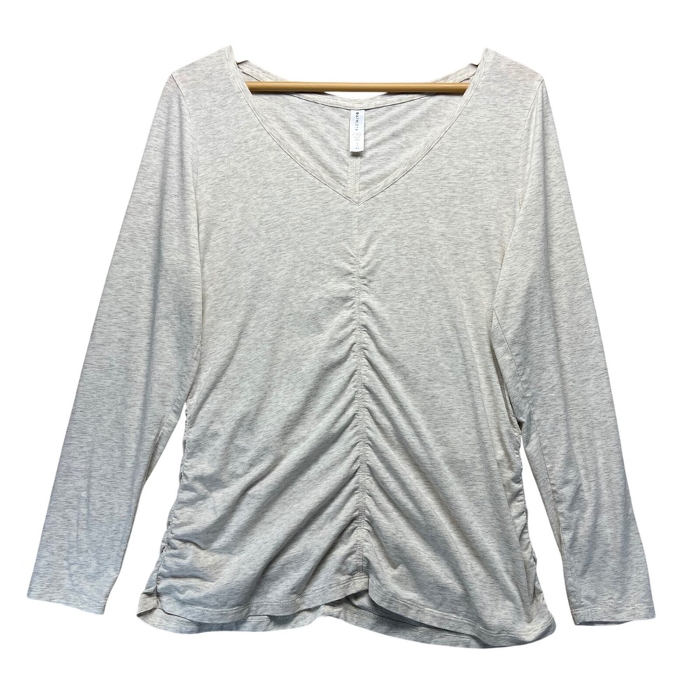 Athleta Womans Top XL Daydream Top Oatmeal Heather Ruched V-Neck Long Sleeve